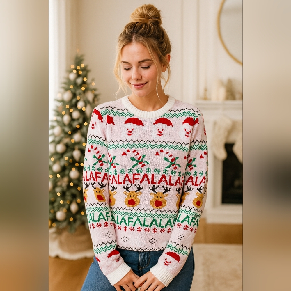 Pink Fa La La Reindeer Santa Christmas Sweater Long Sleeve Holiday Pullover Top